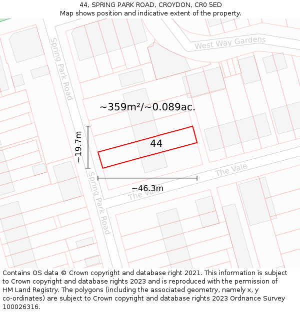 44, SPRING PARK ROAD, CROYDON, CR0 5ED: Plot and title map