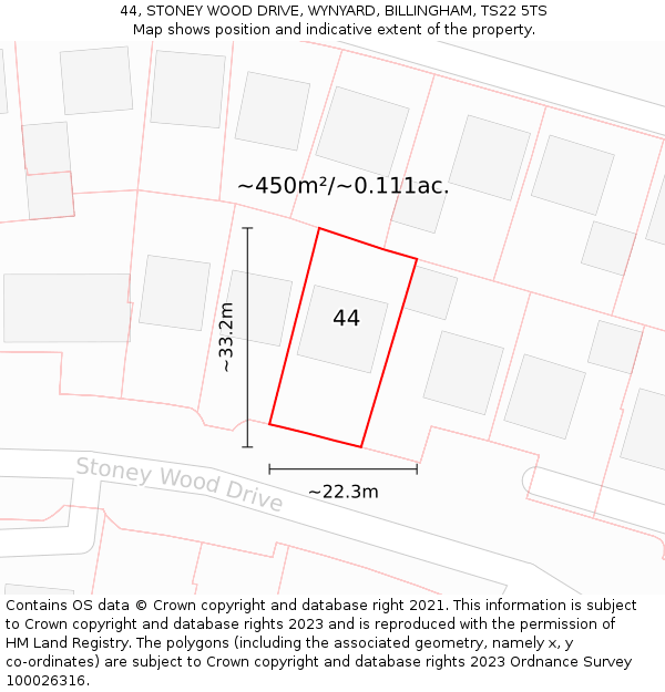 44, STONEY WOOD DRIVE, WYNYARD, BILLINGHAM, TS22 5TS: Plot and title map