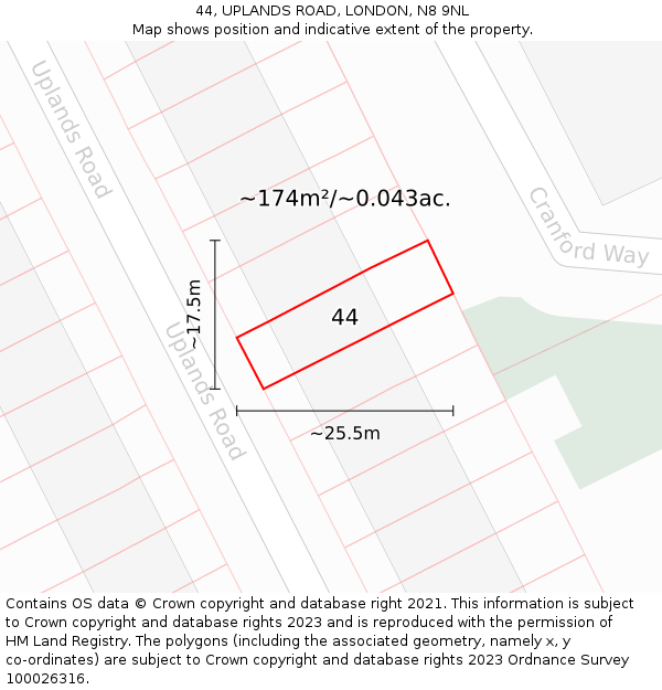 44, UPLANDS ROAD, LONDON, N8 9NL: Plot and title map