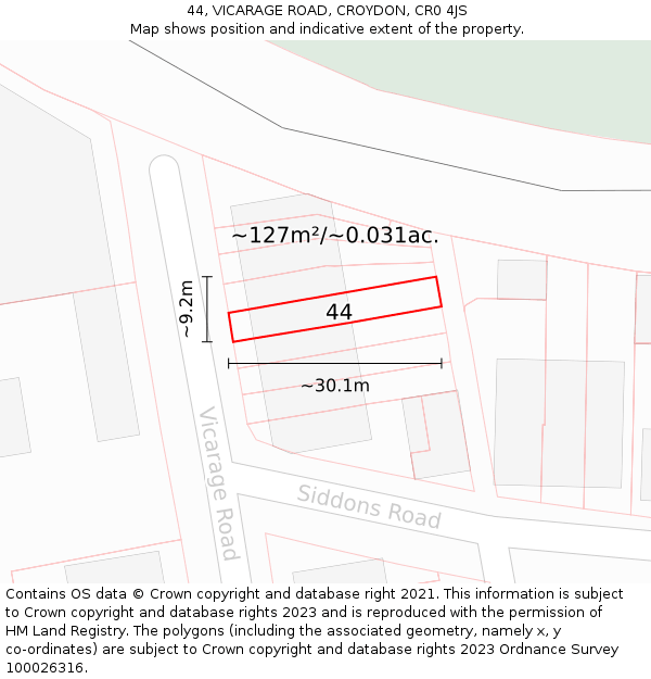 44, VICARAGE ROAD, CROYDON, CR0 4JS: Plot and title map