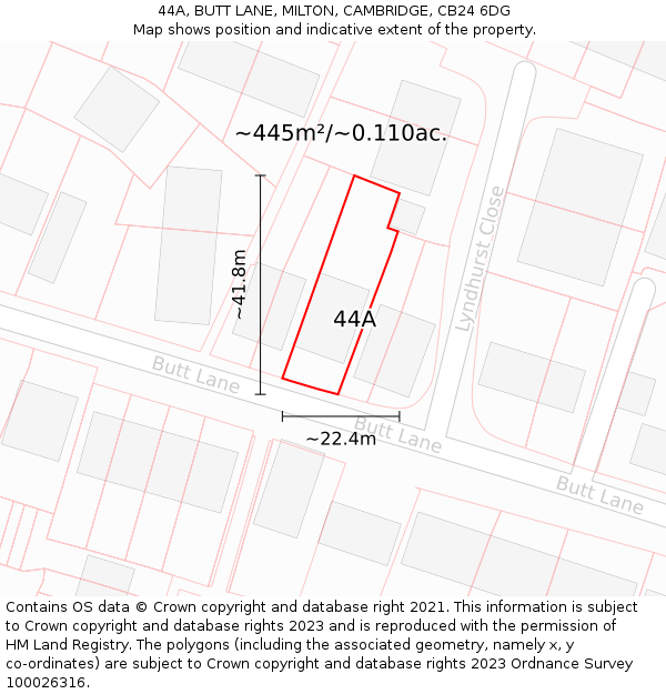 44A, BUTT LANE, MILTON, CAMBRIDGE, CB24 6DG: Plot and title map