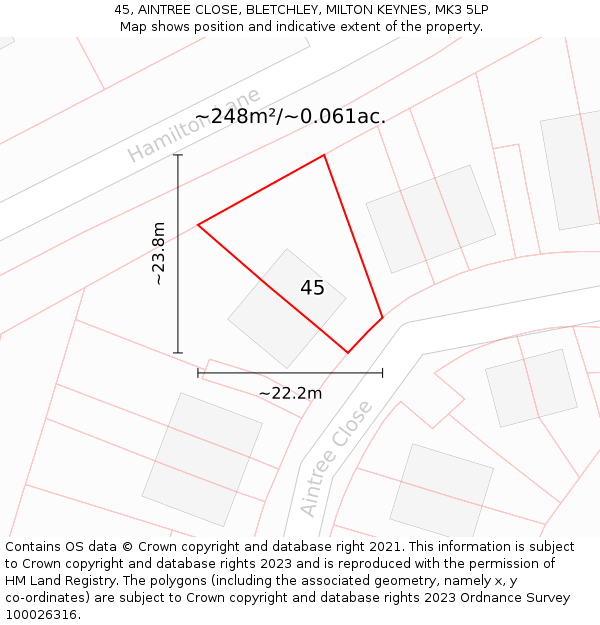 45, AINTREE CLOSE, BLETCHLEY, MILTON KEYNES, MK3 5LP: Plot and title map