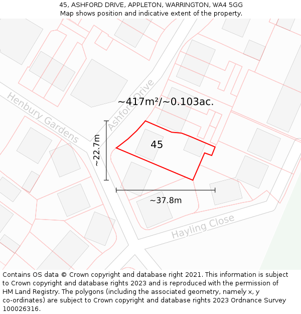 45, ASHFORD DRIVE, APPLETON, WARRINGTON, WA4 5GG: Plot and title map