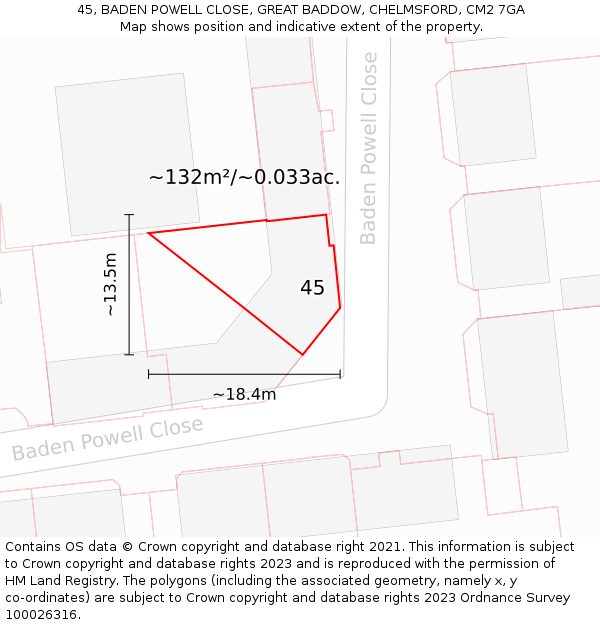 45, BADEN POWELL CLOSE, GREAT BADDOW, CHELMSFORD, CM2 7GA: Plot and title map