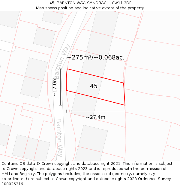 45, BARNTON WAY, SANDBACH, CW11 3DF: Plot and title map