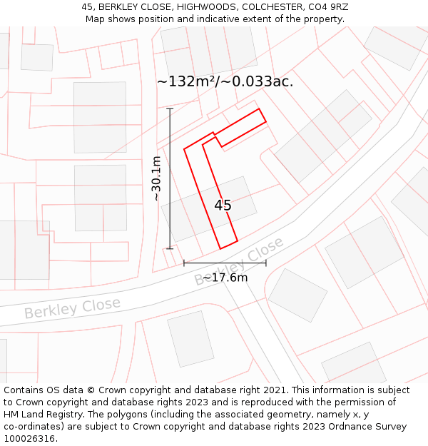 45, BERKLEY CLOSE, HIGHWOODS, COLCHESTER, CO4 9RZ: Plot and title map