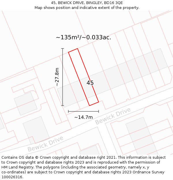 45, BEWICK DRIVE, BINGLEY, BD16 3QE: Plot and title map