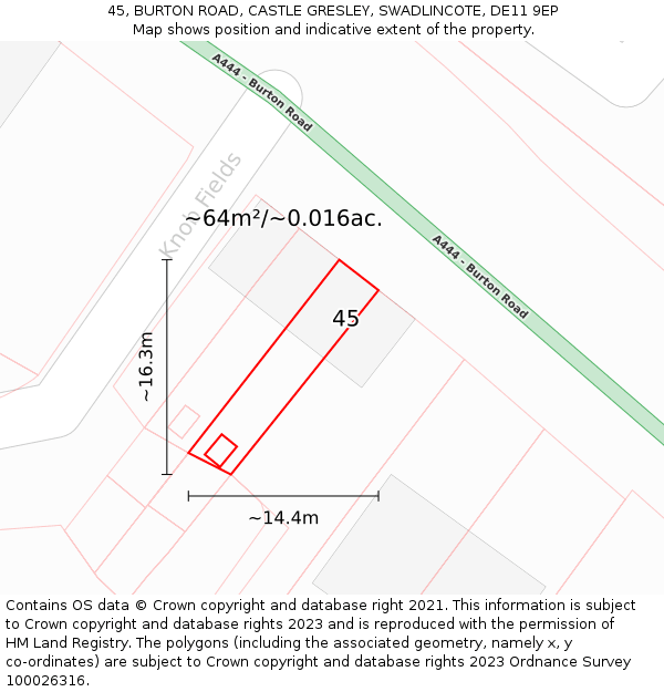45, BURTON ROAD, CASTLE GRESLEY, SWADLINCOTE, DE11 9EP: Plot and title map