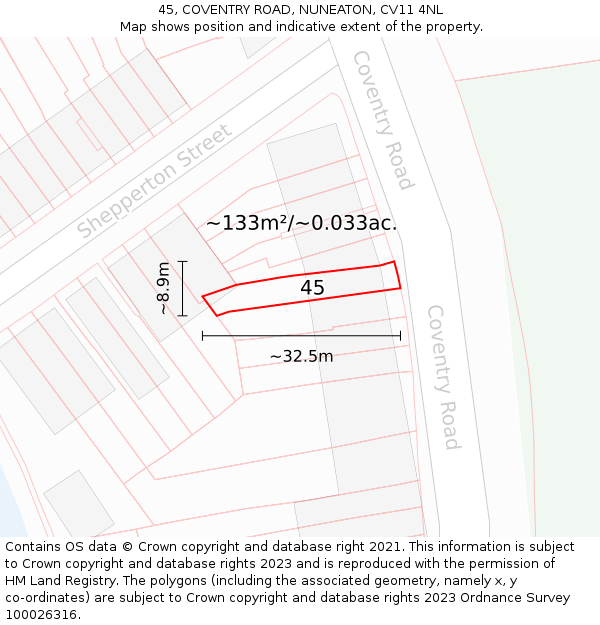 45, COVENTRY ROAD, NUNEATON, CV11 4NL: Plot and title map
