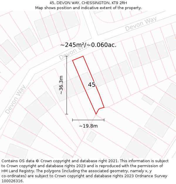 45, DEVON WAY, CHESSINGTON, KT9 2RH: Plot and title map