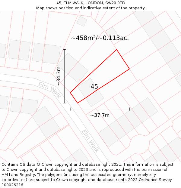 45, ELM WALK, LONDON, SW20 9ED: Plot and title map