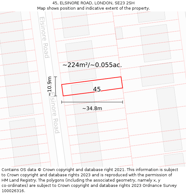 45, ELSINORE ROAD, LONDON, SE23 2SH: Plot and title map