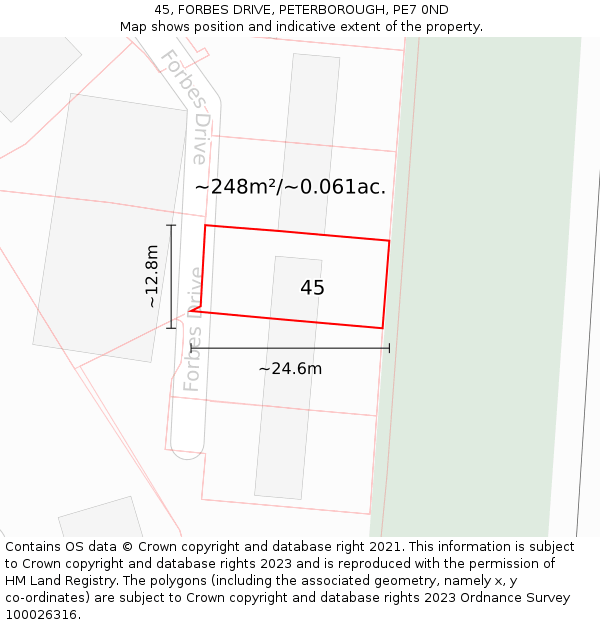 45, FORBES DRIVE, PETERBOROUGH, PE7 0ND: Plot and title map