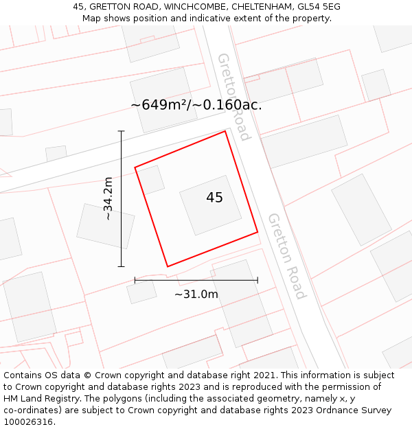 45, GRETTON ROAD, WINCHCOMBE, CHELTENHAM, GL54 5EG: Plot and title map