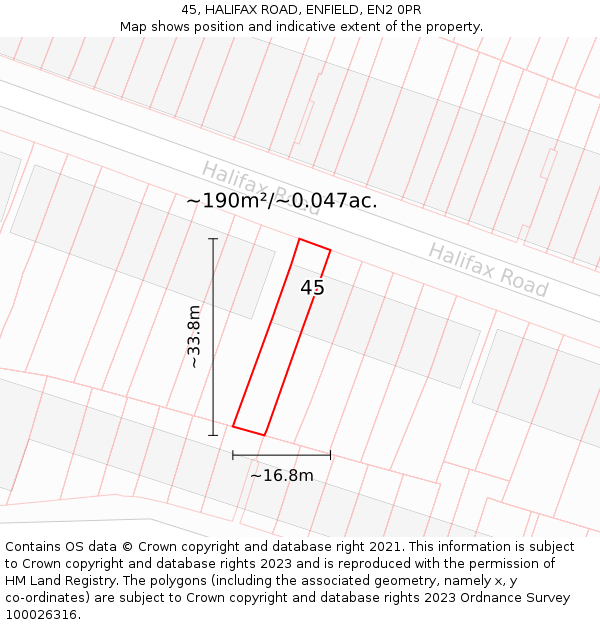 45, HALIFAX ROAD, ENFIELD, EN2 0PR: Plot and title map
