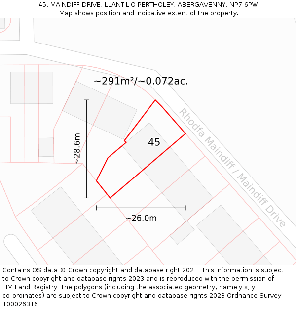 45, MAINDIFF DRIVE, LLANTILIO PERTHOLEY, ABERGAVENNY, NP7 6PW: Plot and title map