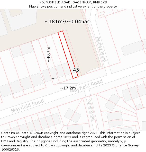 45, MAYFIELD ROAD, DAGENHAM, RM8 1XS: Plot and title map