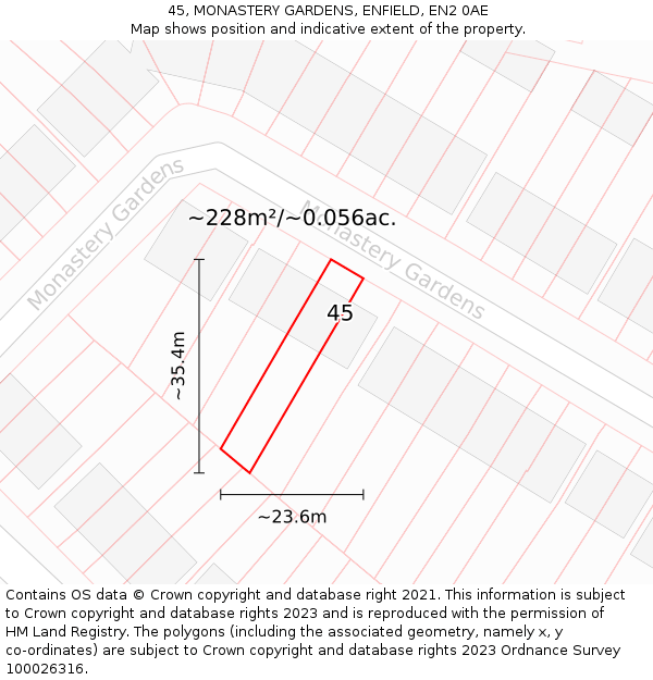45, MONASTERY GARDENS, ENFIELD, EN2 0AE: Plot and title map