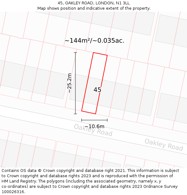 45, OAKLEY ROAD, LONDON, N1 3LL: Plot and title map
