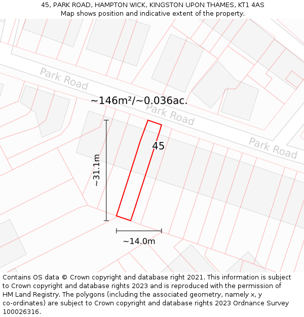 45, PARK ROAD, HAMPTON WICK, KINGSTON UPON THAMES, KT1 4AS: Plot and title map