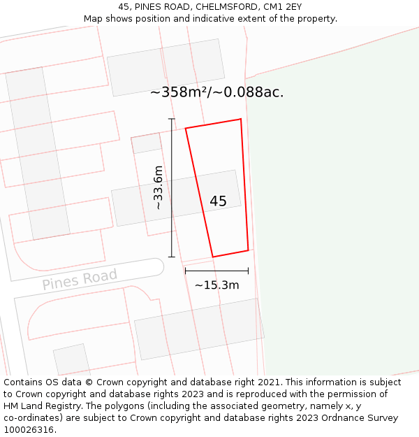45, PINES ROAD, CHELMSFORD, CM1 2EY: Plot and title map