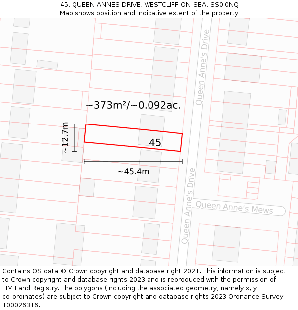 45, QUEEN ANNES DRIVE, WESTCLIFF-ON-SEA, SS0 0NQ: Plot and title map