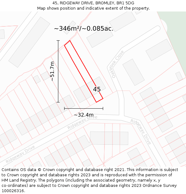 45, RIDGEWAY DRIVE, BROMLEY, BR1 5DG: Plot and title map