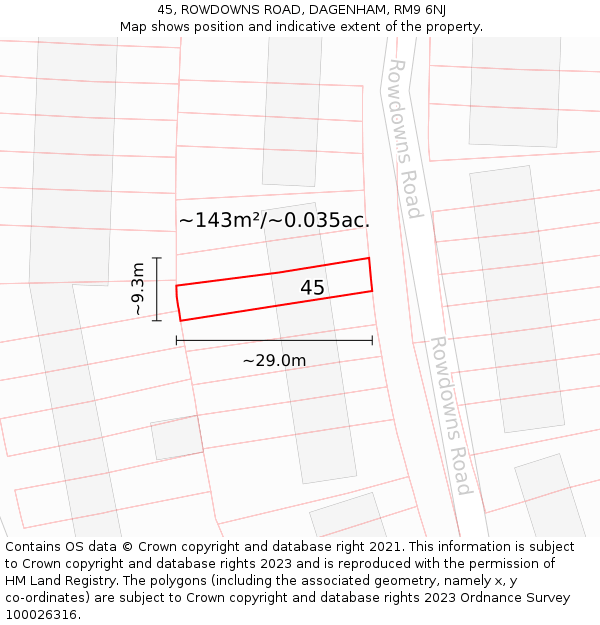 45, ROWDOWNS ROAD, DAGENHAM, RM9 6NJ: Plot and title map