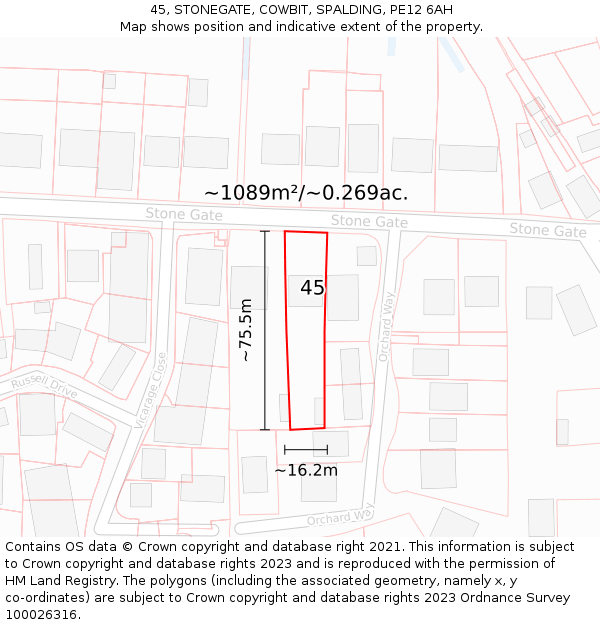 45, STONEGATE, COWBIT, SPALDING, PE12 6AH: Plot and title map