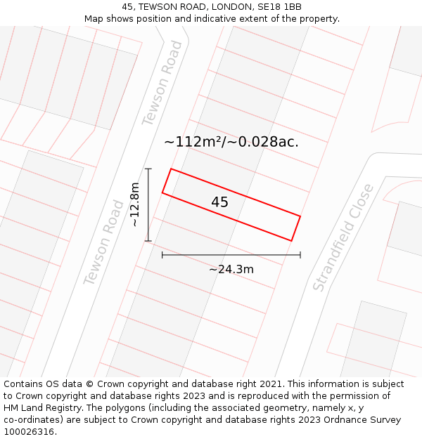 45, TEWSON ROAD, LONDON, SE18 1BB: Plot and title map