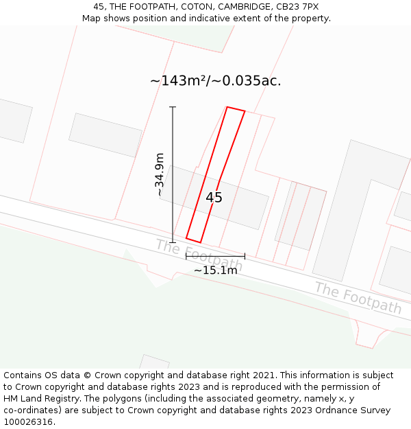 45, THE FOOTPATH, COTON, CAMBRIDGE, CB23 7PX: Plot and title map
