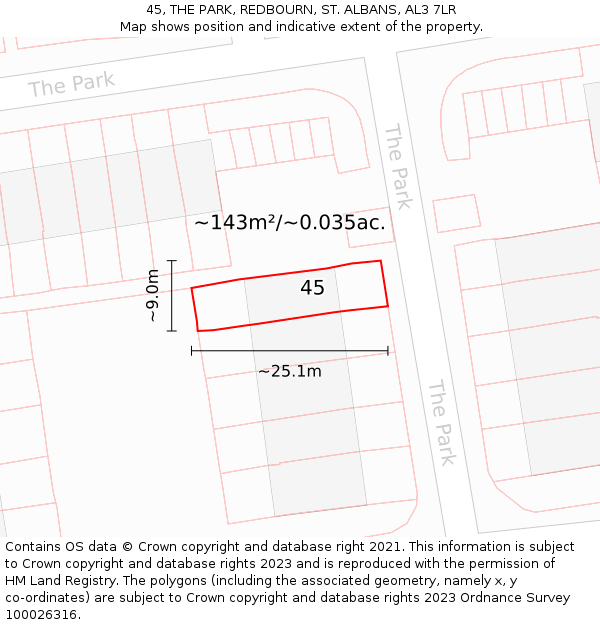 45, THE PARK, REDBOURN, ST ALBANS, AL3 7LR: Plot and title map