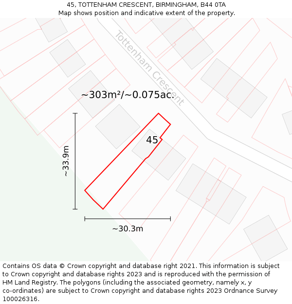 45, TOTTENHAM CRESCENT, BIRMINGHAM, B44 0TA: Plot and title map