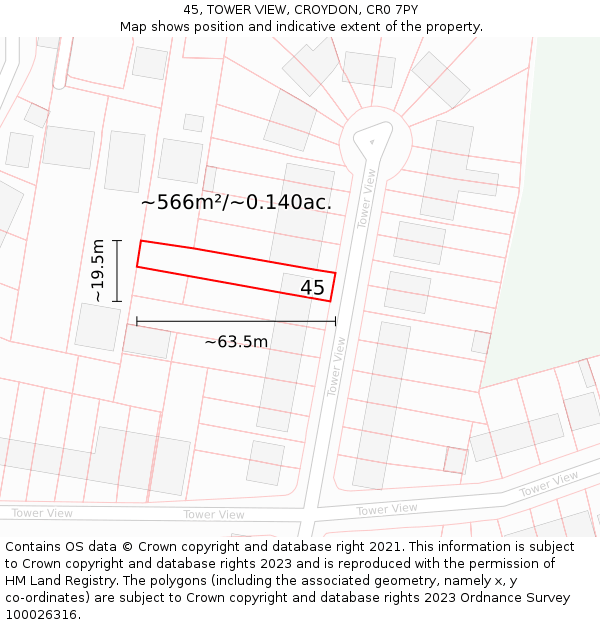 45, TOWER VIEW, CROYDON, CR0 7PY: Plot and title map