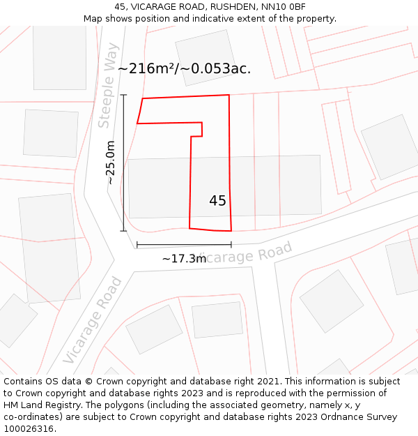 45, VICARAGE ROAD, RUSHDEN, NN10 0BF: Plot and title map