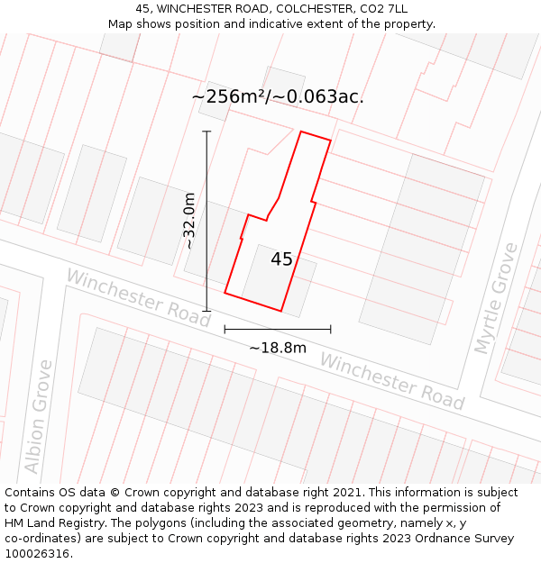 45, WINCHESTER ROAD, COLCHESTER, CO2 7LL: Plot and title map
