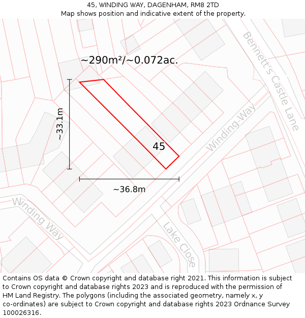 45, WINDING WAY, DAGENHAM, RM8 2TD: Plot and title map
