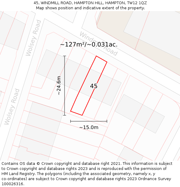 45, WINDMILL ROAD, HAMPTON HILL, HAMPTON, TW12 1QZ: Plot and title map