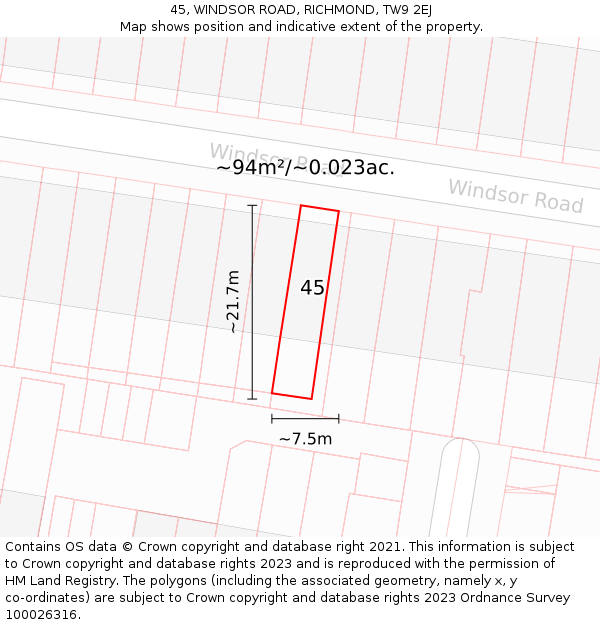 45, WINDSOR ROAD, RICHMOND, TW9 2EJ: Plot and title map