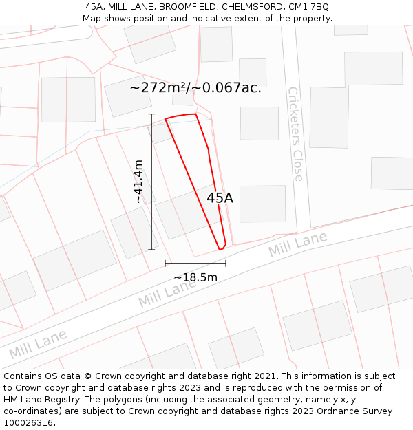 45A, MILL LANE, BROOMFIELD, CHELMSFORD, CM1 7BQ: Plot and title map