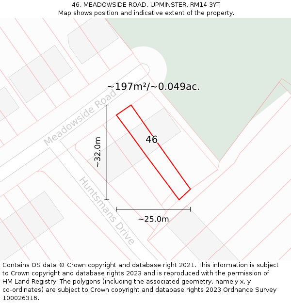 46, MEADOWSIDE ROAD, UPMINSTER, RM14 3YT: Plot and title map