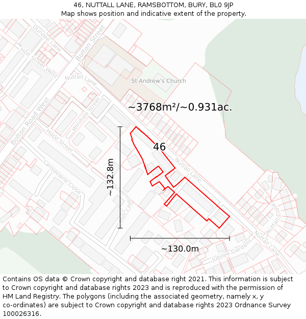 46, NUTTALL LANE, RAMSBOTTOM, BURY, BL0 9JP: Plot and title map