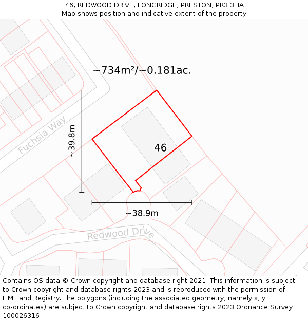 46, REDWOOD DRIVE, LONGRIDGE, PRESTON, PR3 3HA: Plot and title map
