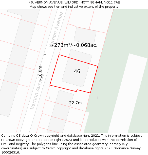 46, VERNON AVENUE, WILFORD, NOTTINGHAM, NG11 7AE: Plot and title map