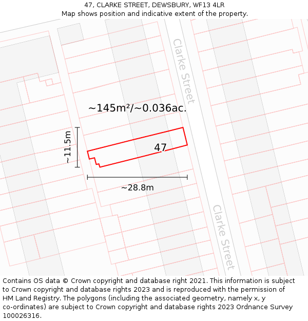 47, CLARKE STREET, DEWSBURY, WF13 4LR: Plot and title map