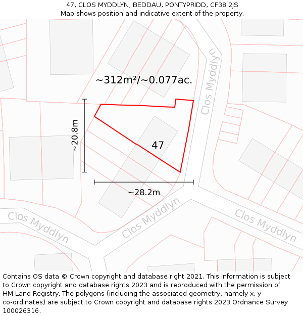 47, CLOS MYDDLYN, BEDDAU, PONTYPRIDD, CF38 2JS: Plot and title map