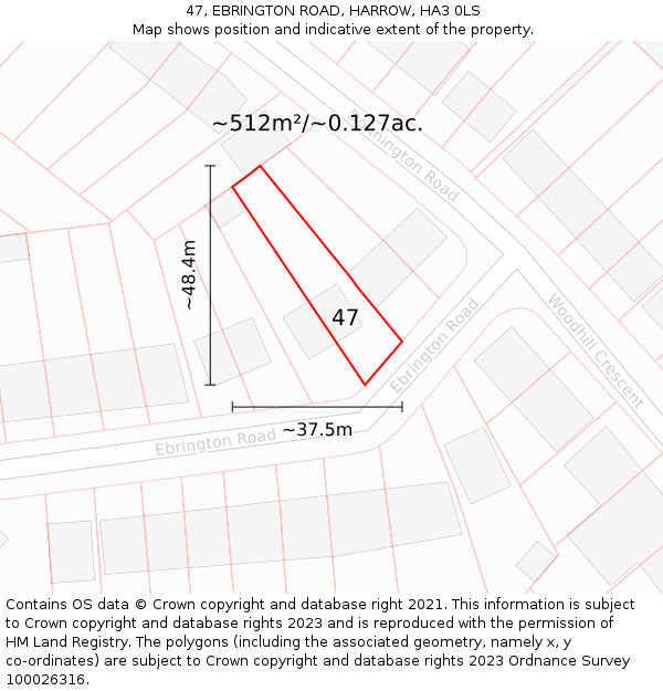 47, EBRINGTON ROAD, HARROW, HA3 0LS: Plot and title map