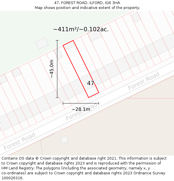 47, FOREST ROAD, ILFORD, IG6 3HA: Plot and title map