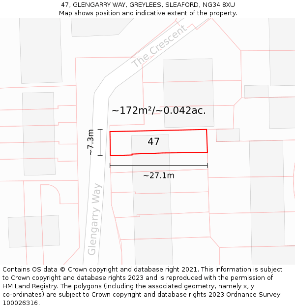47, GLENGARRY WAY, GREYLEES, SLEAFORD, NG34 8XU: Plot and title map
