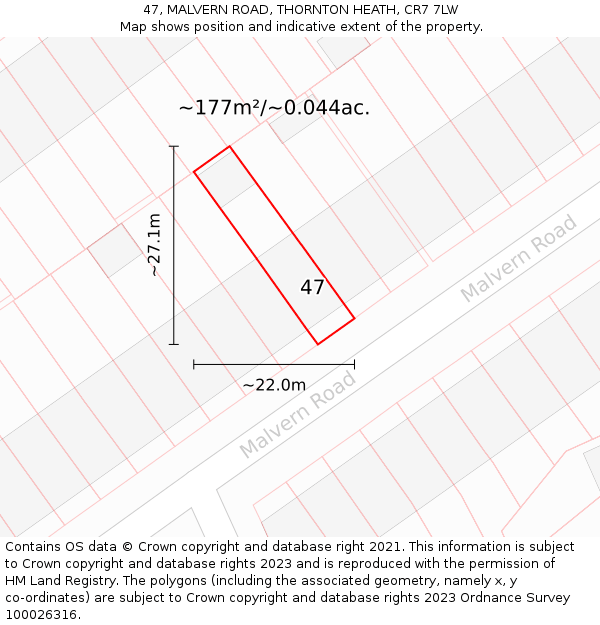 47, MALVERN ROAD, THORNTON HEATH, CR7 7LW: Plot and title map
